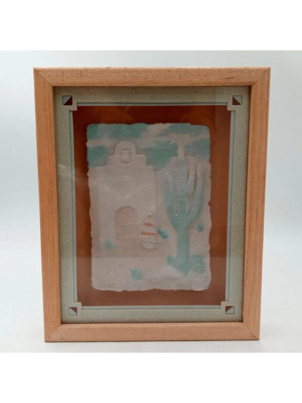 Vintage Southwest Cactus Wall Art Paper Mache Cast Framed Sculpture 1980s Pastel
